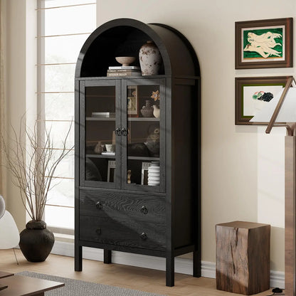 71" Arched Modern Display Cabinet, Glass Doors 2 Drawers