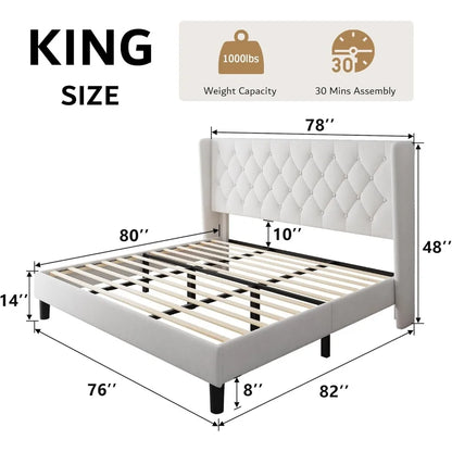 King Size Velvet Platform Bed Frame with Button Tufted Headboard, Upholstered Bed Frame with Solid Wooden Slats