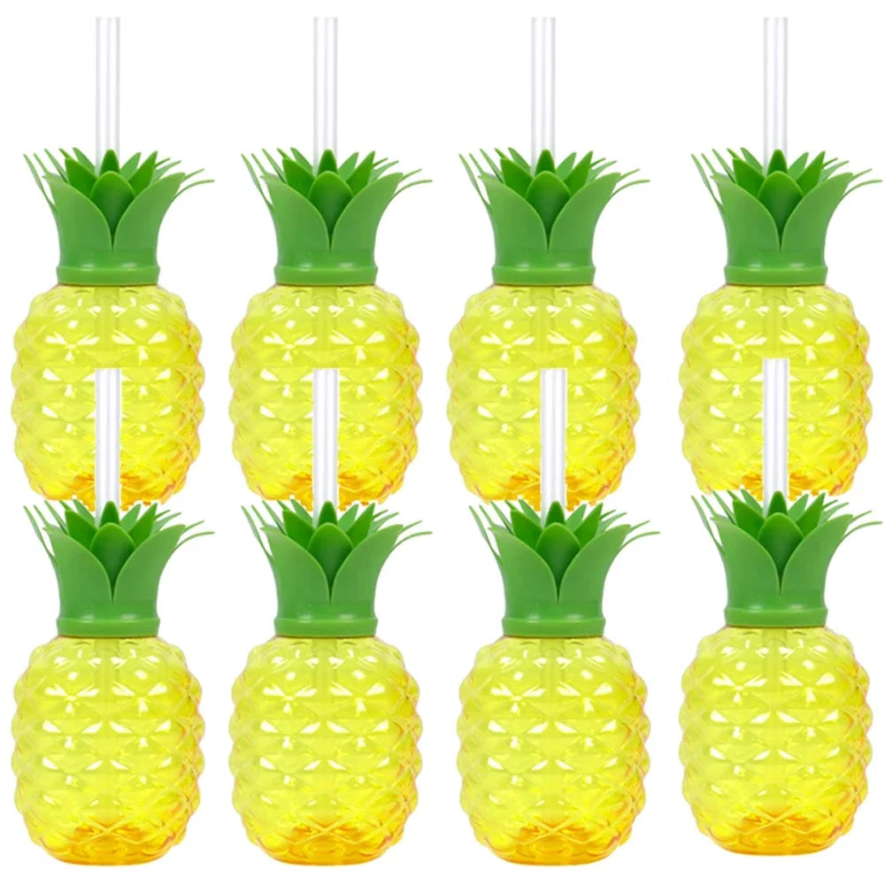 Plastic Fruit Drink Cups With Straw, Strawberry/Pineapple/Watermelon, Set Of 6 Or 8