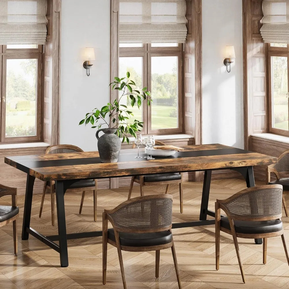 Farmhouse Rectangular Wooden Table With Metal Frame, Seats 6-8