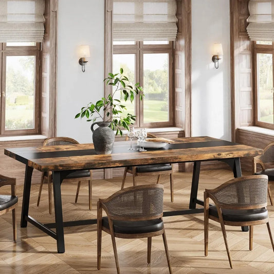 Farmhouse Rectangular Wooden Table With Metal Frame, Seats 6-8