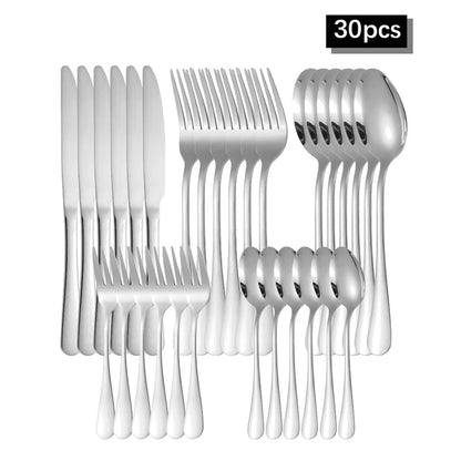 30 Piece Silver Stainless Steel Cutlery Set Knife/Dinner Fork/Dessert Fork/Tablespoon/Teaspoon Dishwasher Safe