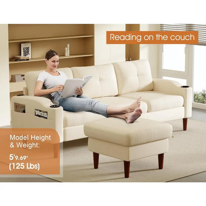 L Shaped Lounge Sectional Sofa for Living Room, 78 Inch 3-Seater USB Charging Couch with Cup Holders & Washable Cover