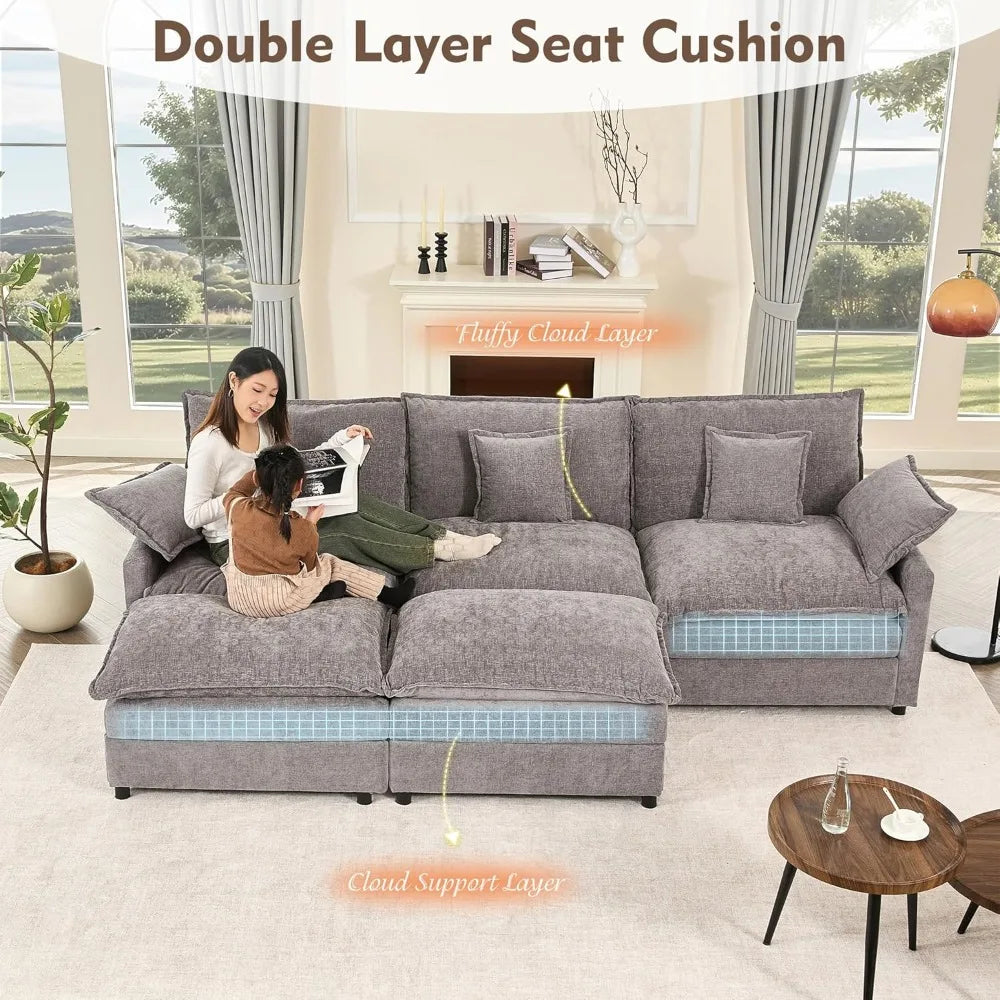 108" U Shaped Couch, Modular Sectional Sofa, 3-Seater Comfy Cloud Couch with Movable Ottoman