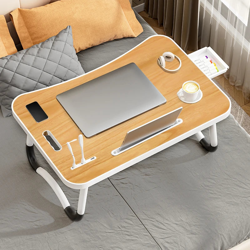 Portable Folding Laptop Desk with USB Light, Small Fan, Cup Holder, Tablet Slot, and Lifting Handle