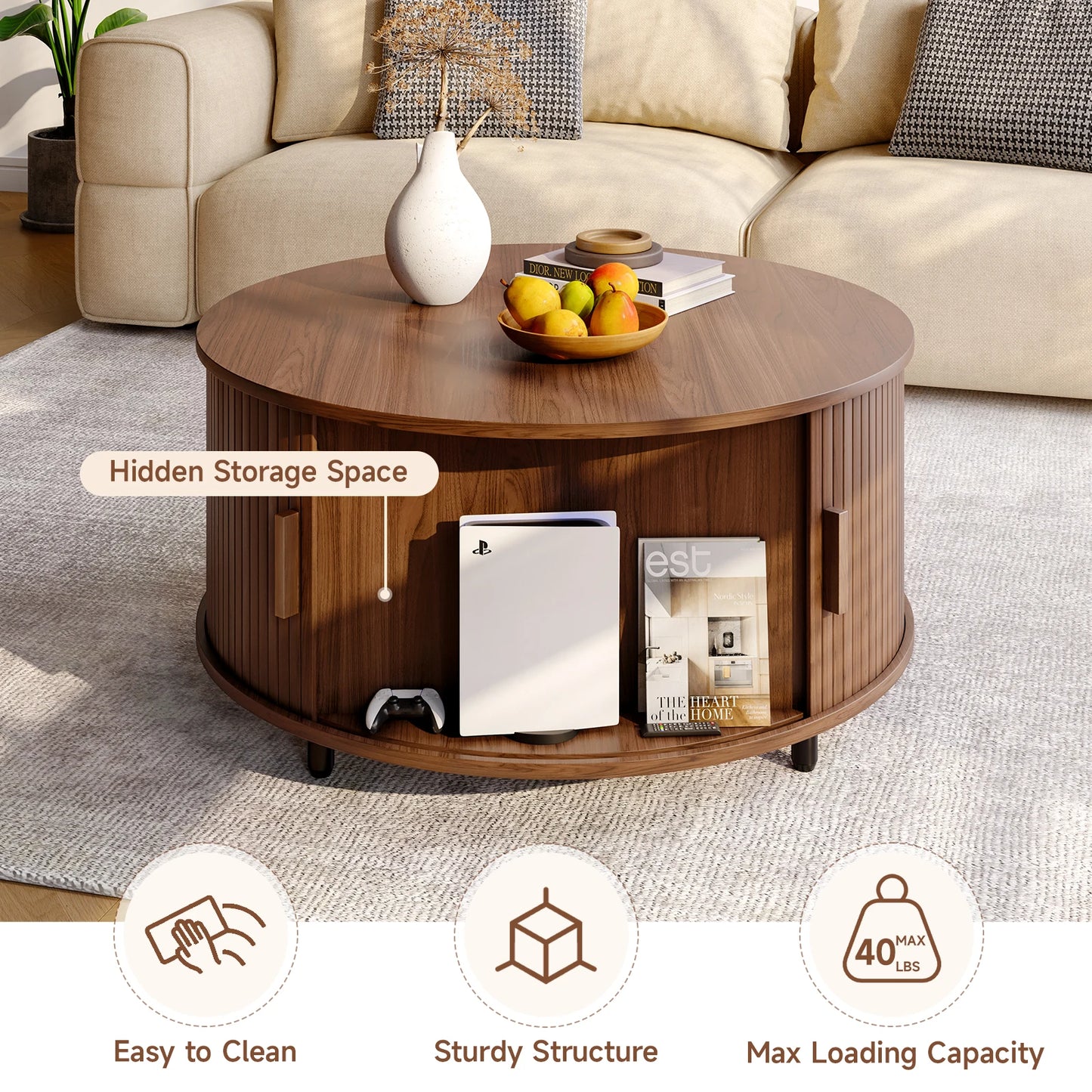Modern Round Coffee Table With Storage And 360 Degree Sliding Door