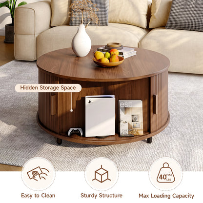 Modern Round Coffee Table With Storage And 360 Degree Sliding Door