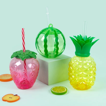 Plastic Fruit Drink Cups With Straw, Strawberry/Pineapple/Watermelon, Set Of 6 Or 8