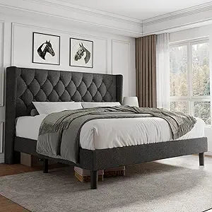 King Size Velvet Platform Bed Frame with Button Tufted Headboard, Upholstered Bed Frame with Solid Wooden Slats
