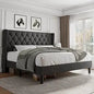 King Size Velvet Platform Bed Frame with Button Tufted Headboard, Upholstered Bed Frame with Solid Wooden Slats