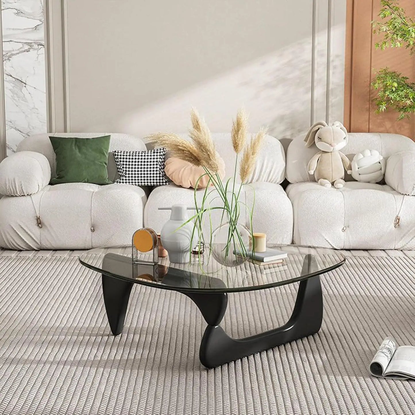 Modern Triangular Glass Top Coffee Table With Abstract Base