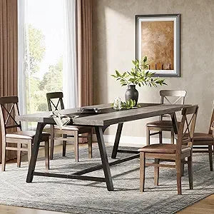 Farmhouse Rectangular Wooden Table With Metal Frame, Seats 6-8