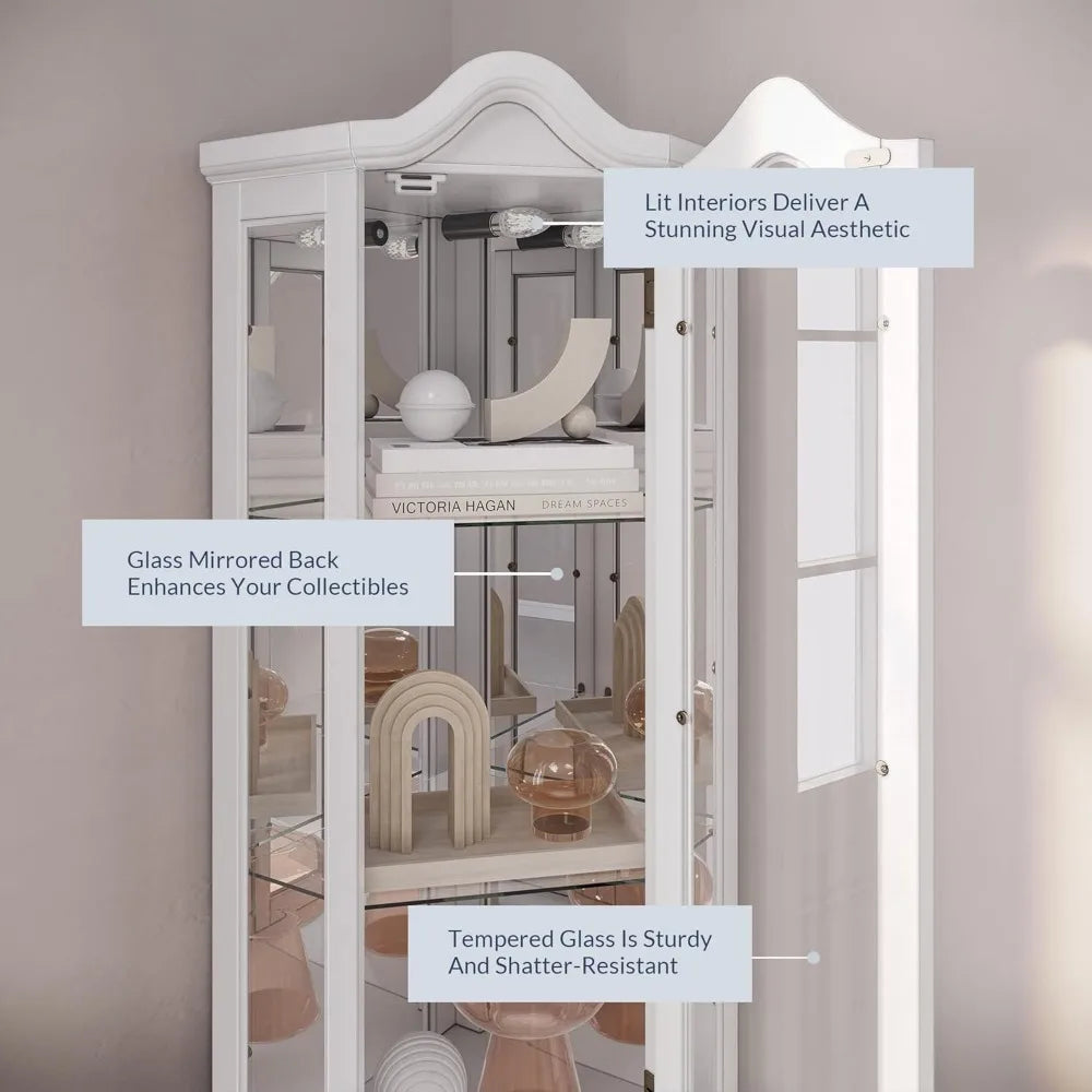 Lighted Traditional Corner Curio Cabinet, Glass Doors, Mirrored Back
