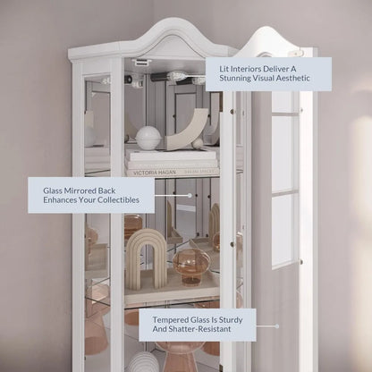 Lighted Traditional Corner Curio Cabinet, Glass Doors, Mirrored Back