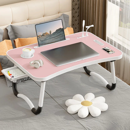 Portable Folding Laptop Desk with USB Light, Small Fan, Cup Holder, Tablet Slot, and Lifting Handle