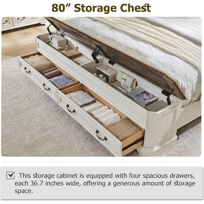 Farmhouse King Bed with Headboard and Storage Bench,with 80" Storage Chest w/ 4 Large Drawer (Antique White)