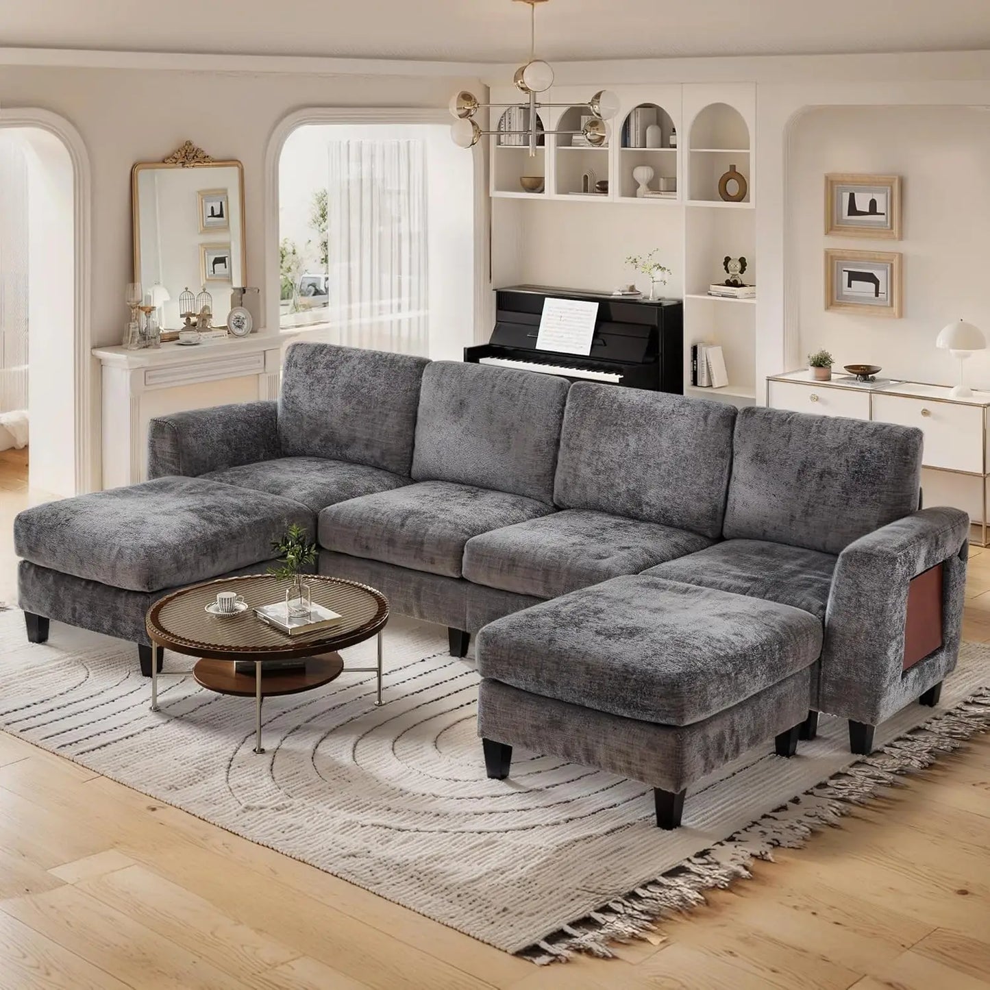 118" Modular Sectional Sofa for Living Room,Soft Chenille Fabric, 4 Seater with 2 Ottomans and Foldable Side Tables