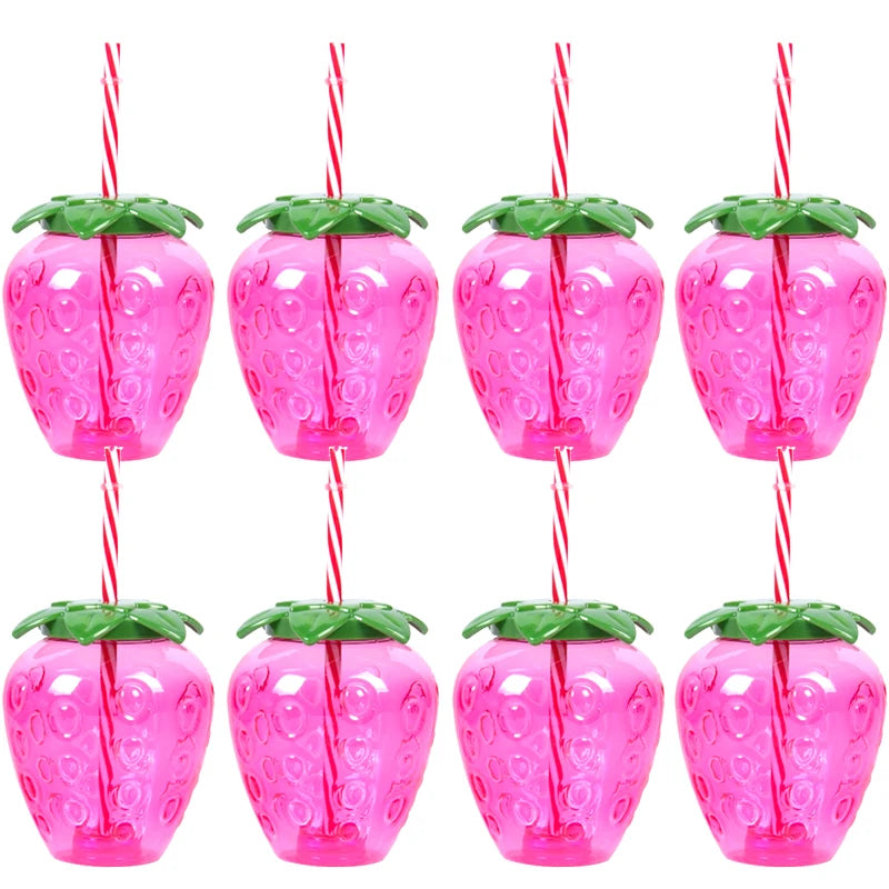 Plastic Fruit Drink Cups With Straw, Strawberry/Pineapple/Watermelon, Set Of 6 Or 8