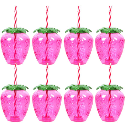 Plastic Fruit Drink Cups With Straw, Strawberry/Pineapple/Watermelon, Set Of 6 Or 8