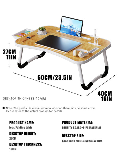Portable Folding Laptop Desk with USB Light, Small Fan, Cup Holder, Tablet Slot, and Lifting Handle