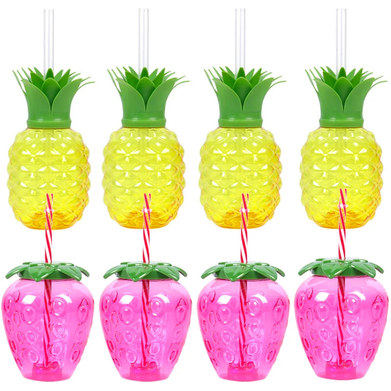Plastic Fruit Drink Cups With Straw, Strawberry/Pineapple/Watermelon, Set Of 6 Or 8