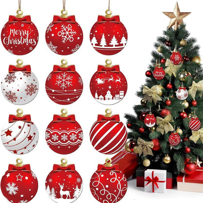 12Pcs Wooden Christmas Ball Ornaments